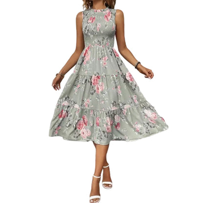 💐🌴👒 PROMO -50% ! Robe sans Manches Décontractée – Imprimé Floral, Coupe Midi & Jupe à Étages (6 Couleurs, S-3XL)
