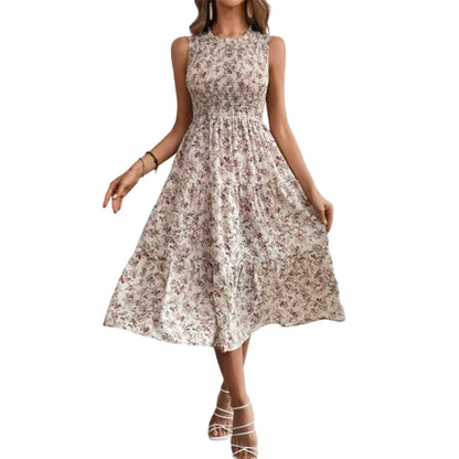 💐🌴👒 PROMO -50% ! Robe sans Manches Décontractée – Imprimé Floral, Coupe Midi & Jupe à Étages (6 Couleurs, S-3XL)