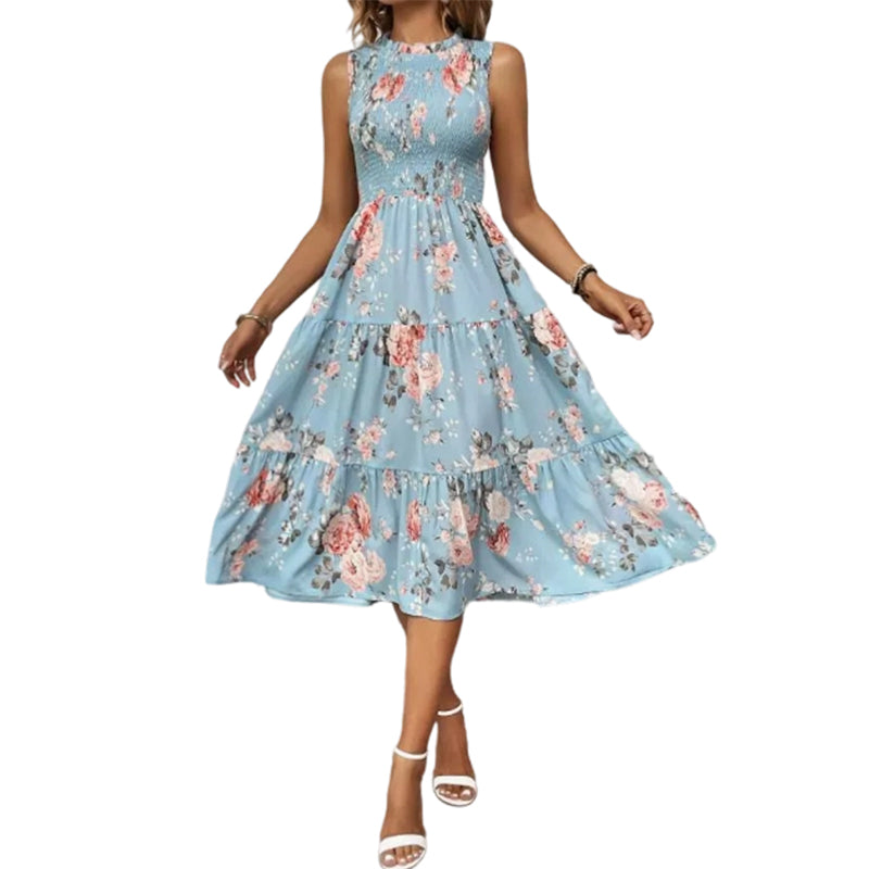 💐🌴👒 PROMO -50% ! Robe sans Manches Décontractée – Imprimé Floral, Coupe Midi & Jupe à Étages (6 Couleurs, S-3XL)