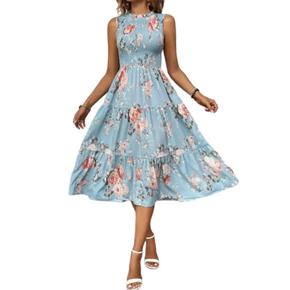 💐🌴👒 PROMO -50% ! Robe sans Manches Décontractée – Imprimé Floral, Coupe Midi & Jupe à Étages (6 Couleurs, S-3XL)