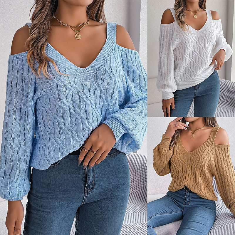 Pull à col en V et épaules dénudées en maille torsadée pour femme