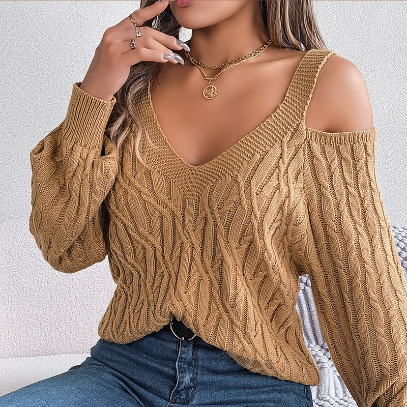 Pull à col en V et épaules dénudées en maille torsadée pour femme