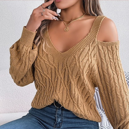 Pull à col en V et épaules dénudées en maille torsadée pour femme