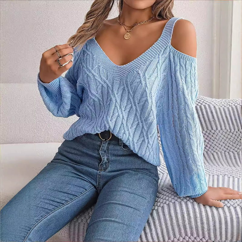Pull à col en V et épaules dénudées en maille torsadée pour femme