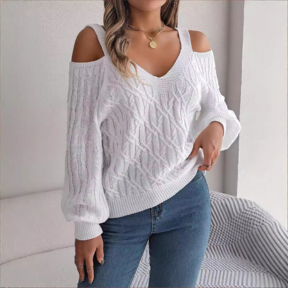 Pull à col en V et épaules dénudées en maille torsadée pour femme