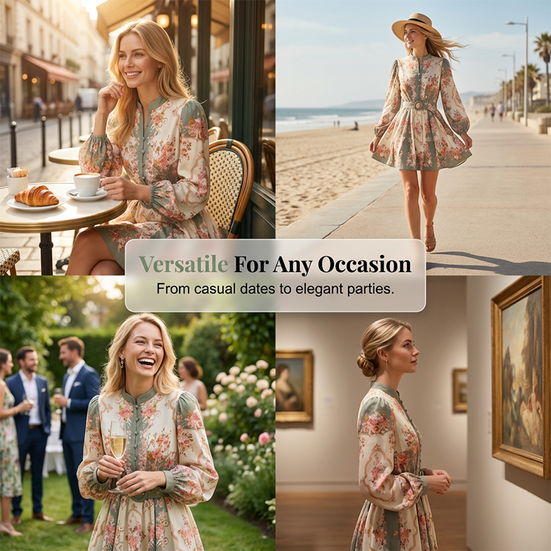 🌸 Élégance intemporelle – Robe mini à col montant et imprimé floral romantique 🌷