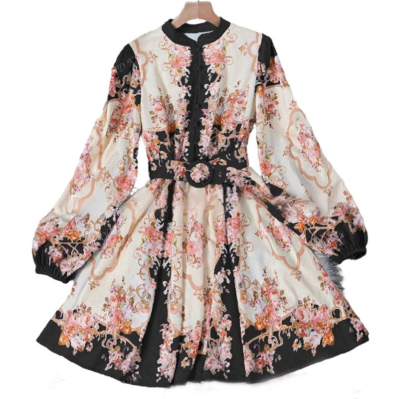 🌸 Élégance intemporelle – Robe mini à col montant et imprimé floral romantique 🌷