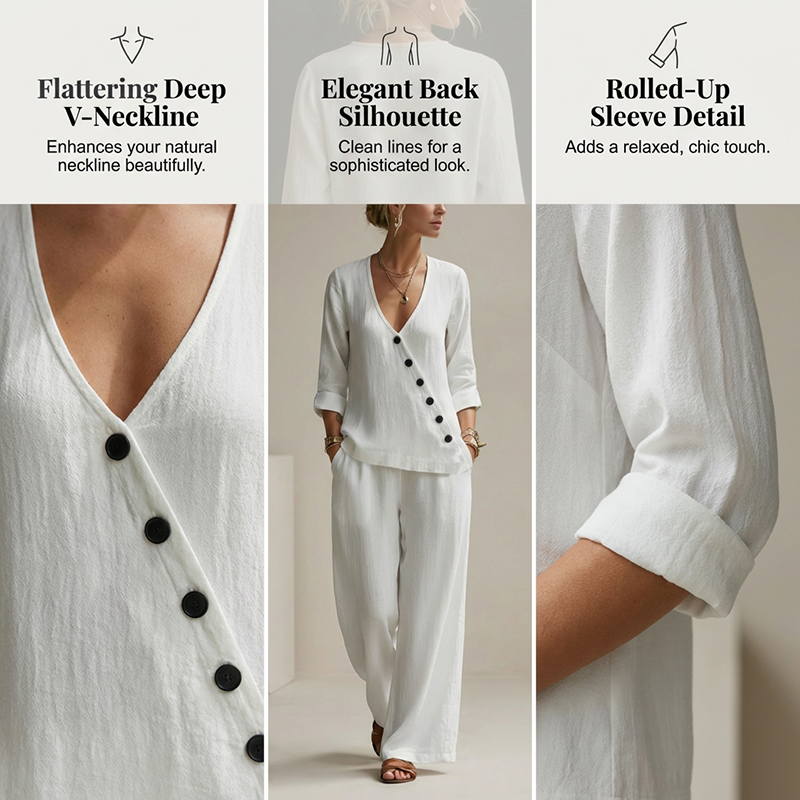 Ensemble deux pièces en lin pour femme, col en V et boutons asymétriques