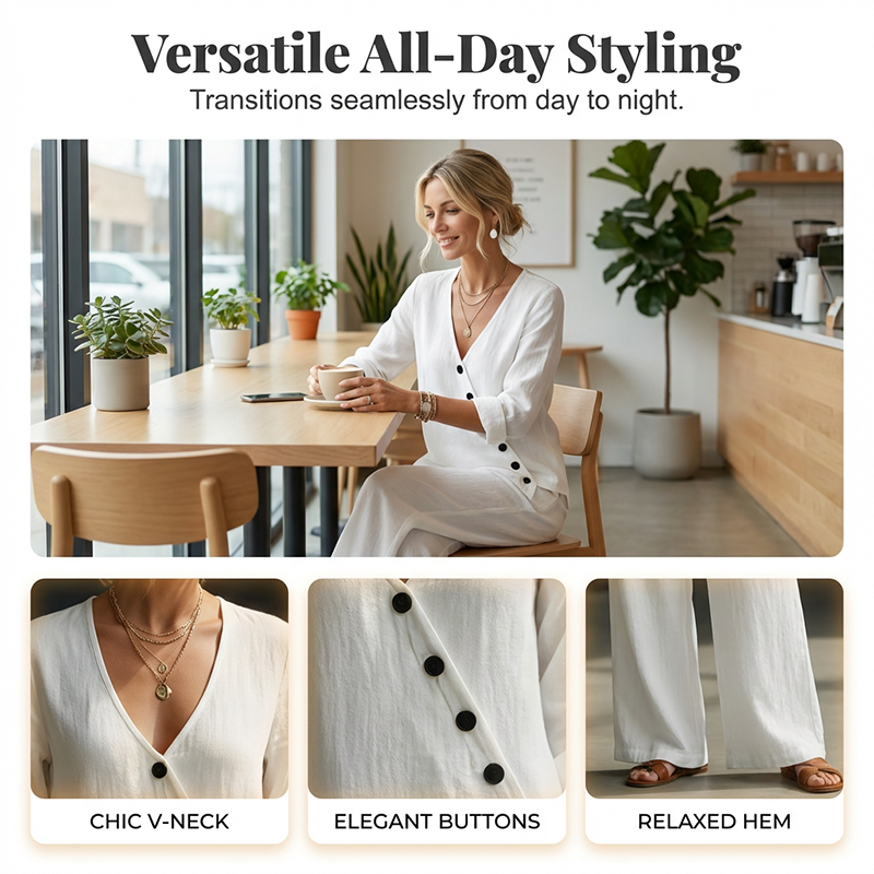 Ensemble deux pièces en lin pour femme, col en V et boutons asymétriques