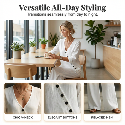 Ensemble deux pièces en lin pour femme, col en V et boutons asymétriques