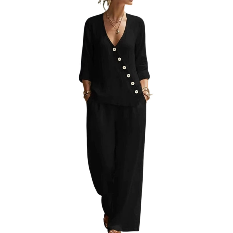 Ensemble deux pièces en lin pour femme, col en V et boutons asymétriques