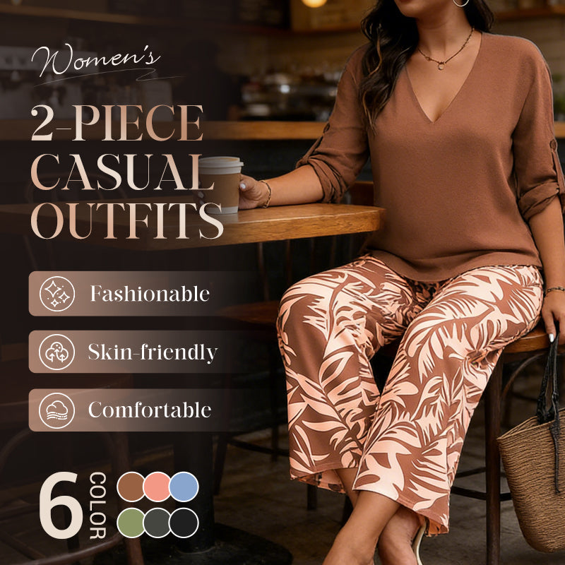 Ensemble composé d'un chemisier pour femme à encolure en V et d'un pantalon à jambes larges à motifs