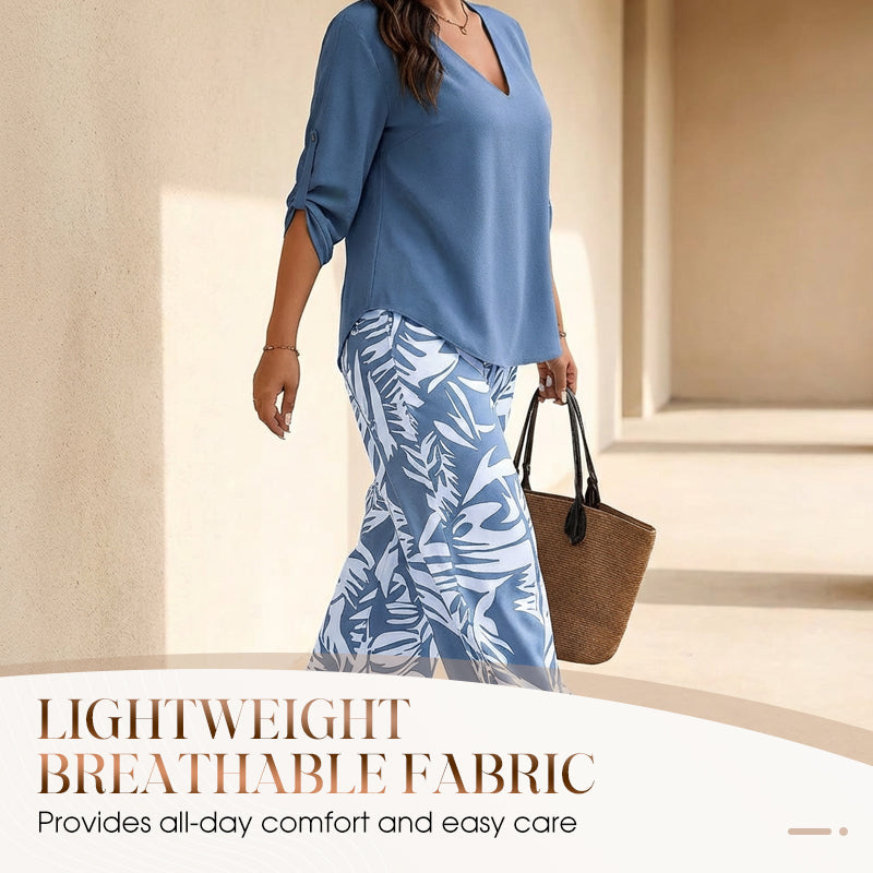Ensemble composé d'un chemisier pour femme à encolure en V et d'un pantalon à jambes larges à motifs