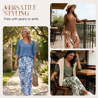 Ensemble composé d'un chemisier pour femme à encolure en V et d'un pantalon à jambes larges à motifs