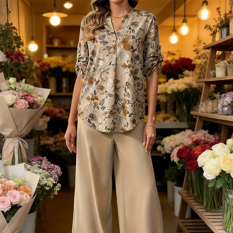 Ensemble Femme 2 Pièces : Blouse Florale et Pantalon Large
