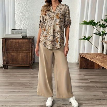 Ensemble Femme 2 Pièces : Blouse Florale et Pantalon Large