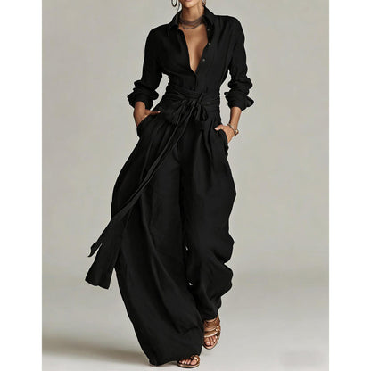Ensemble haut à col et pantalon taille haute pour femme