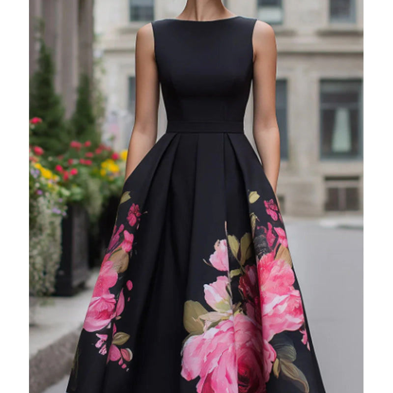 Robe midi élégante sans manches coupe trapèze à imprimé floral