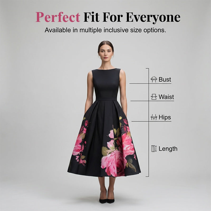 Robe midi élégante sans manches coupe trapèze à imprimé floral