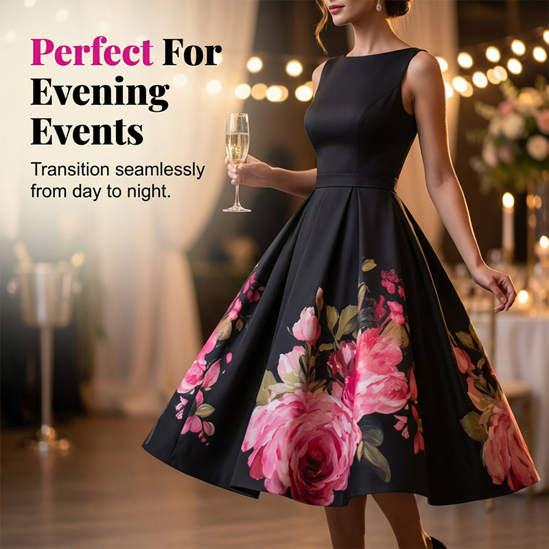 Robe midi élégante sans manches coupe trapèze à imprimé floral