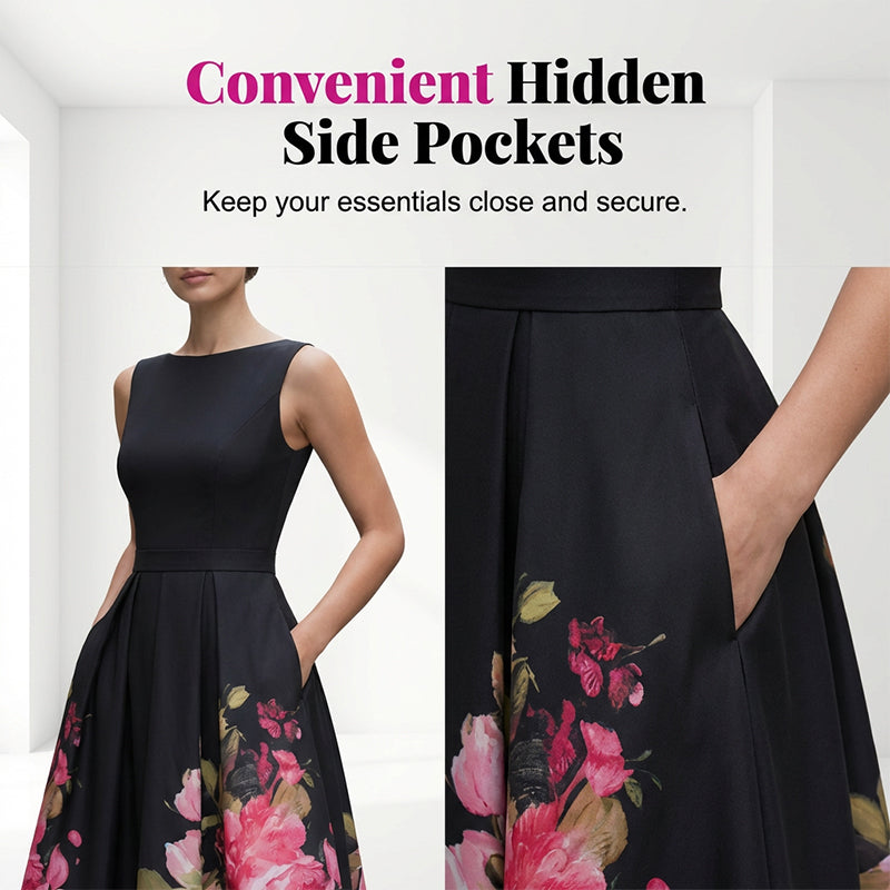 Robe midi élégante sans manches coupe trapèze à imprimé floral