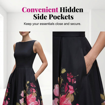 Robe midi élégante sans manches coupe trapèze à imprimé floral