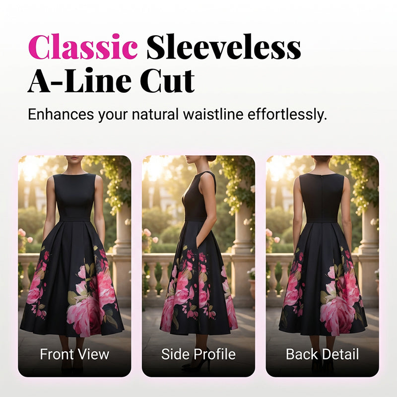 Robe midi élégante sans manches coupe trapèze à imprimé floral