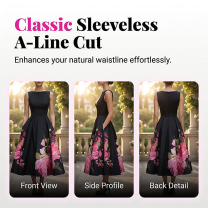 Robe midi élégante sans manches coupe trapèze à imprimé floral