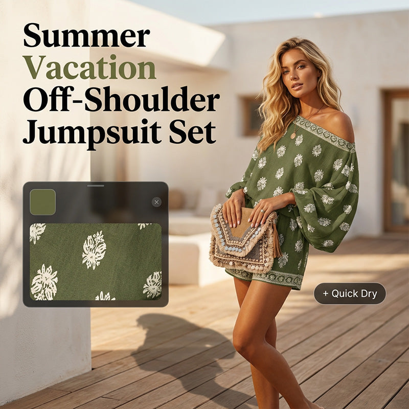 👒 PROMO LIMITÉE 50% DE RÉDUCTION ! 💃 Ensemble Combishort Bohème Imprimé – Épaules Dénudées, Tissu Respirant & Taille Élastique 🌸