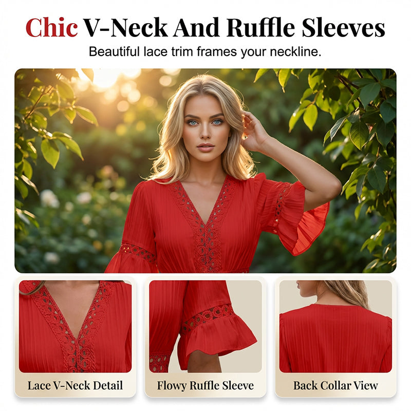 Robe chic à col en V avec découpes en dentelle