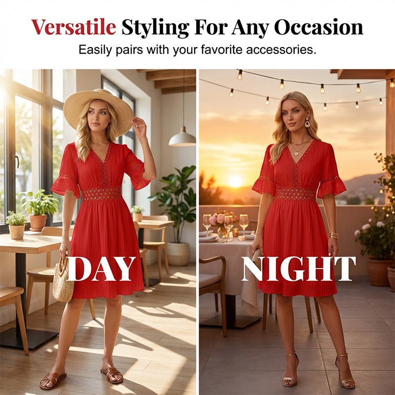 Robe chic à col en V avec découpes en dentelle