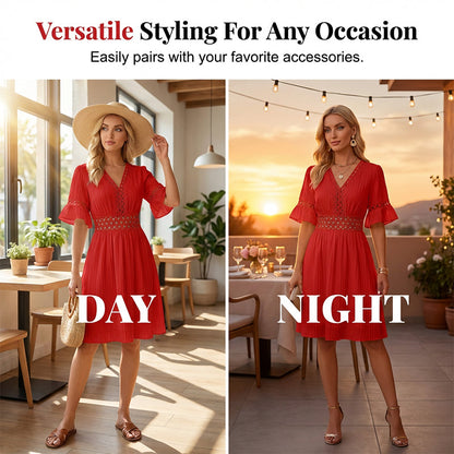 Robe chic à col en V avec découpes en dentelle