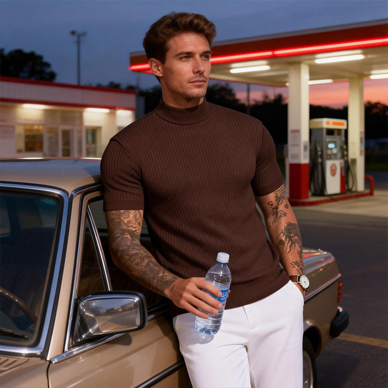 👕 50 % DE RÉDUCTION POUR UNE DURÉE LIMITÉE ! ✨ T-shirt slim à col montant pour homme – En jersey côtelé, manches courtes, 6 coloris 🍁