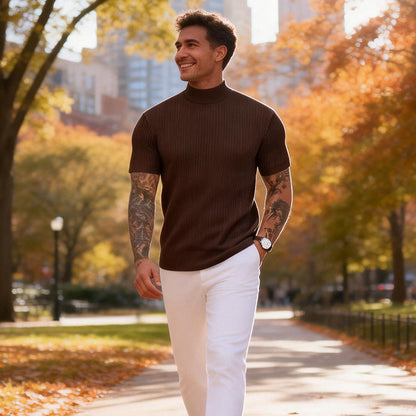 👕 50 % DE RÉDUCTION POUR UNE DURÉE LIMITÉE ! ✨ T-shirt slim à col montant pour homme – En jersey côtelé, manches courtes, 6 coloris 🍁