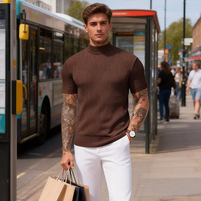👕 50 % DE RÉDUCTION POUR UNE DURÉE LIMITÉE ! ✨ T-shirt slim à col montant pour homme – En jersey côtelé, manches courtes, 6 coloris 🍁