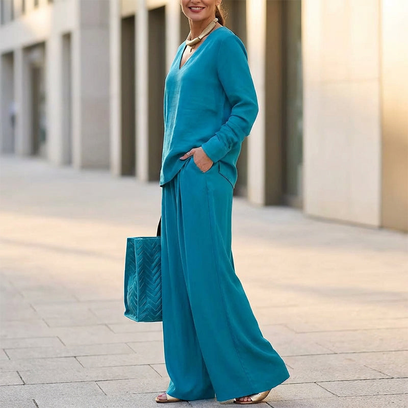 Ensemble d’intérieur décontracté 2 pièces pour femme : haut à col en V et pantalon