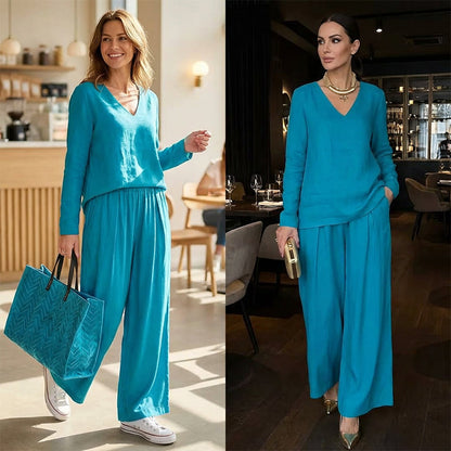 Ensemble d’intérieur décontracté 2 pièces pour femme : haut à col en V et pantalon