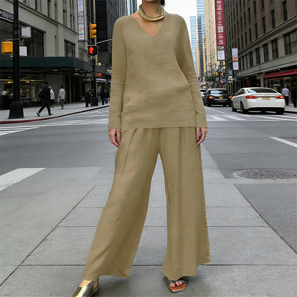 Ensemble d’intérieur décontracté 2 pièces pour femme : haut à col en V et pantalon