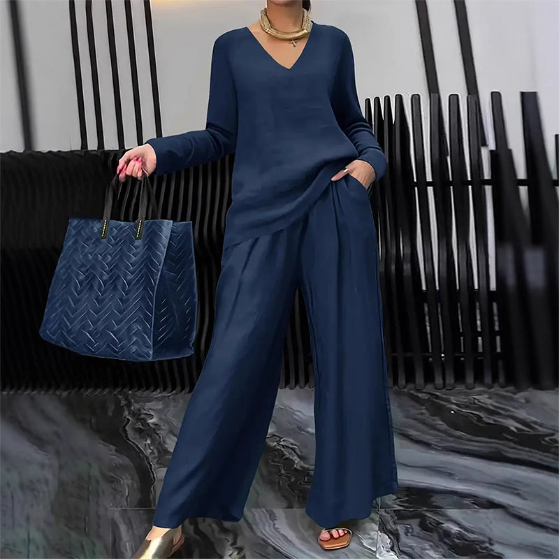 Ensemble d’intérieur décontracté 2 pièces pour femme : haut à col en V et pantalon