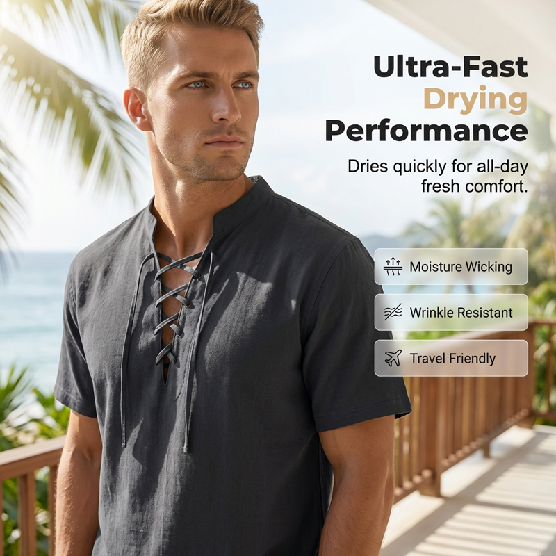 Chemise décontractée à manches courtes avec laçage pour homme