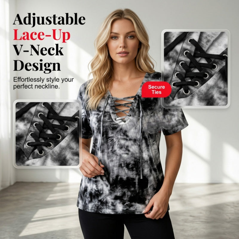 👕 PROMO LIMITÉE 50% DE RÉDUCTION ! ✨ T-shirt Femme Tie-Dye – Col V Lacé, 4 Couleurs, S-5XL ✈️