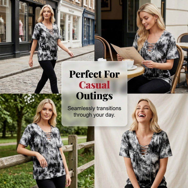 👕 PROMO LIMITÉE 50% DE RÉDUCTION ! ✨ T-shirt Femme Tie-Dye – Col V Lacé, 4 Couleurs, S-5XL ✈️