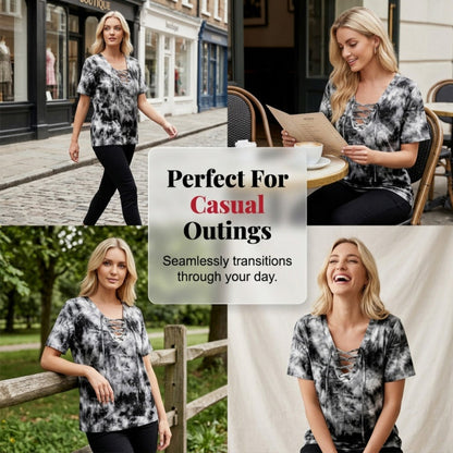 👕 PROMO LIMITÉE 50% DE RÉDUCTION ! ✨ T-shirt Femme Tie-Dye – Col V Lacé, 4 Couleurs, S-5XL ✈️