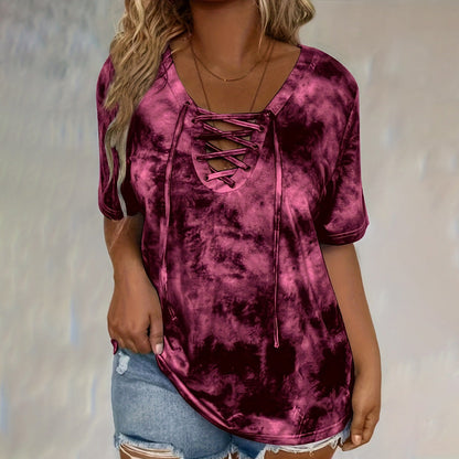 👕 PROMO LIMITÉE 50% DE RÉDUCTION ! ✨ T-shirt Femme Tie-Dye – Col V Lacé, 4 Couleurs, S-5XL ✈️