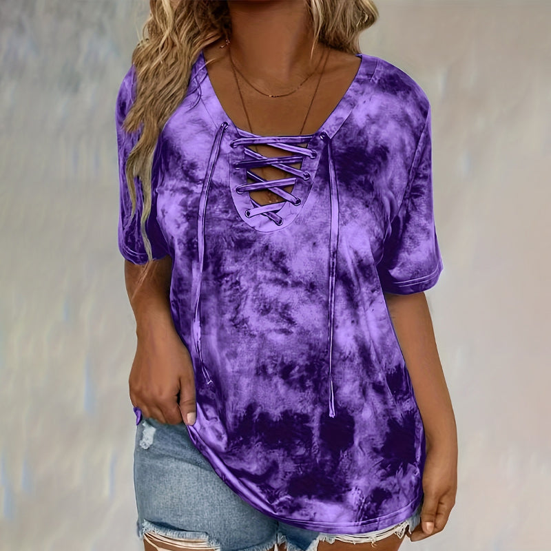 👕 PROMO LIMITÉE 50% DE RÉDUCTION ! ✨ T-shirt Femme Tie-Dye – Col V Lacé, 4 Couleurs, S-5XL ✈️