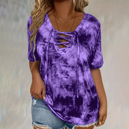 👕 PROMO LIMITÉE 50% DE RÉDUCTION ! ✨ T-shirt Femme Tie-Dye – Col V Lacé, 4 Couleurs, S-5XL ✈️