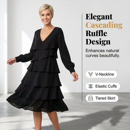 Élégante robe à manches longues et à volants, col en V