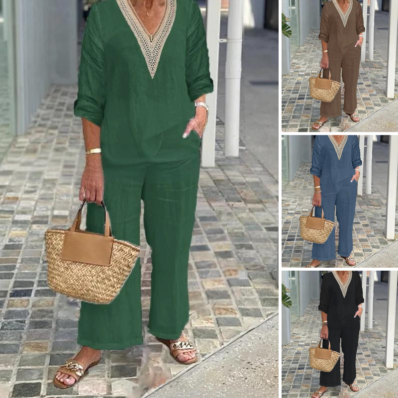 Haut à col en V et pantalon à jambes larges pour femme