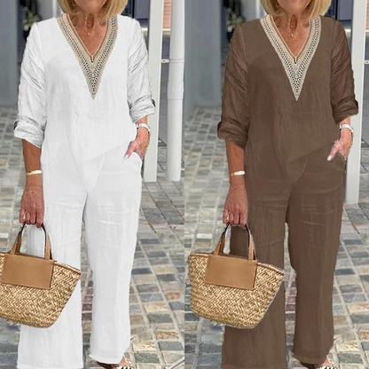 Haut à col en V et pantalon à jambes larges pour femme