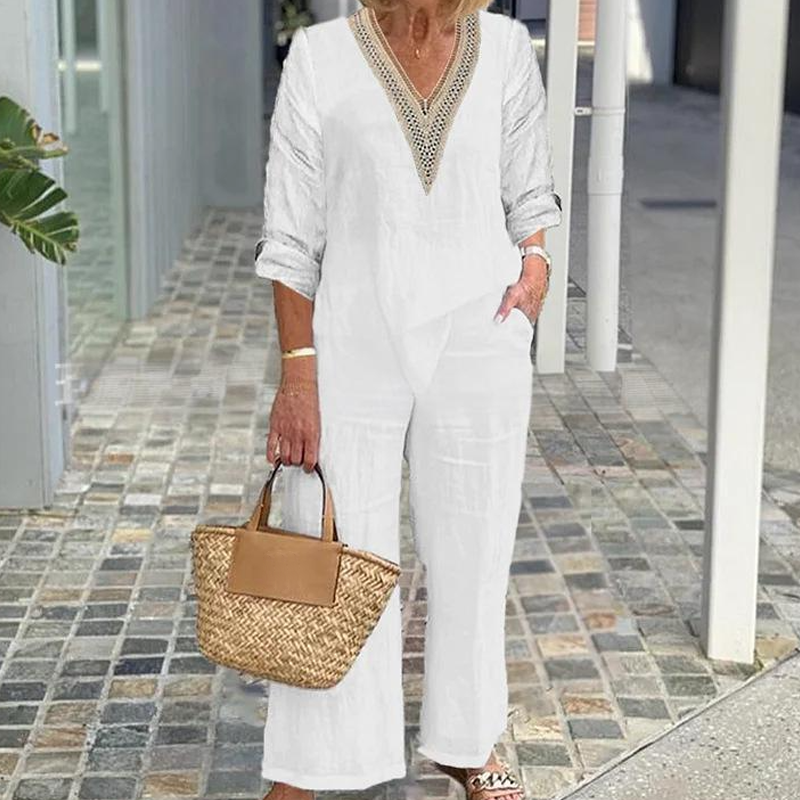 Haut à col en V et pantalon à jambes larges pour femme